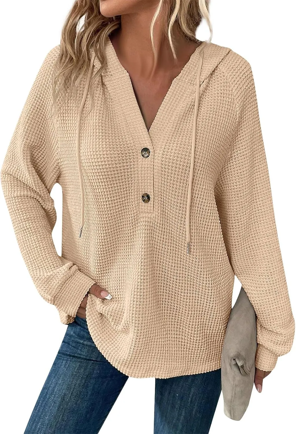 Hoodies for Women Raglan Long Sleeve Waffle Knit Tops V Neck Button Down Shirts Fall Comfy Casual Pullover Sweaters