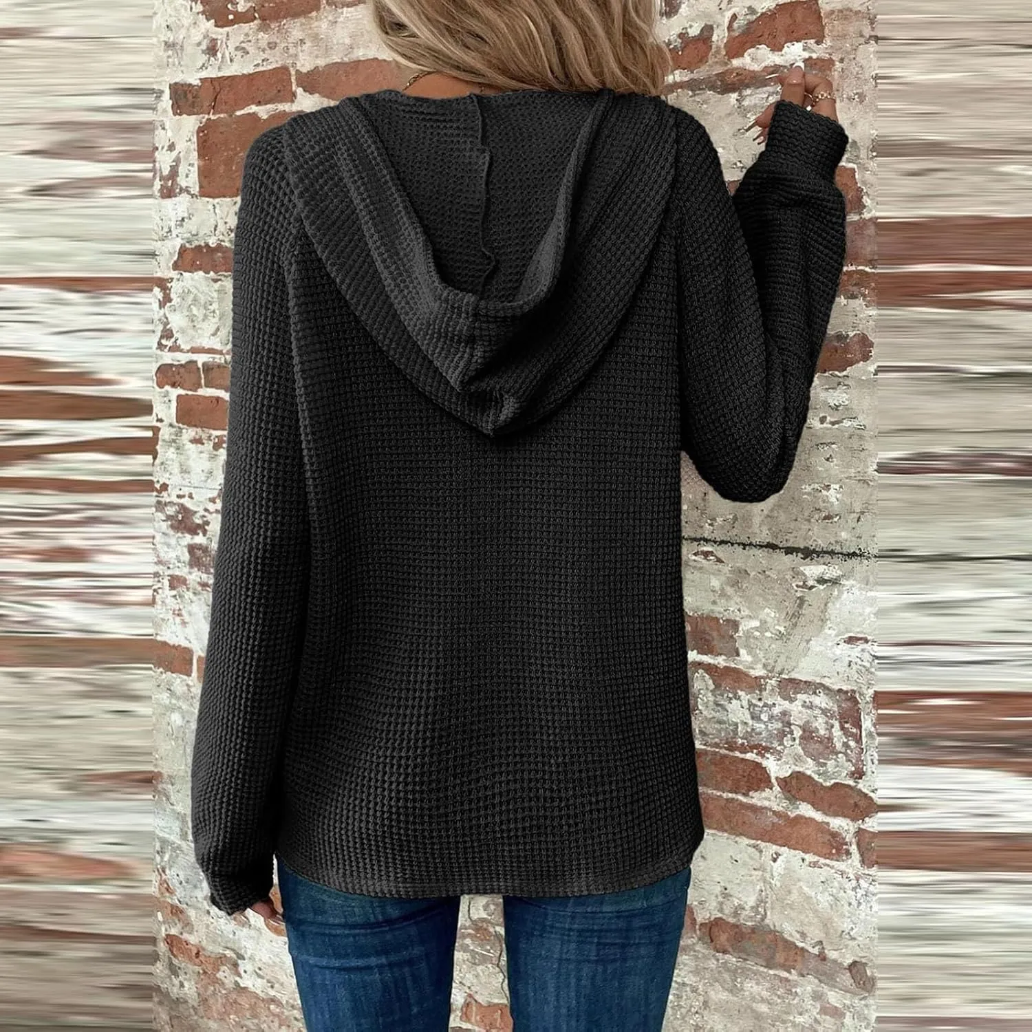 Hoodies for Women Raglan Long Sleeve Waffle Knit Tops V Neck Button Down Shirts Fall Comfy Casual Pullover Sweaters