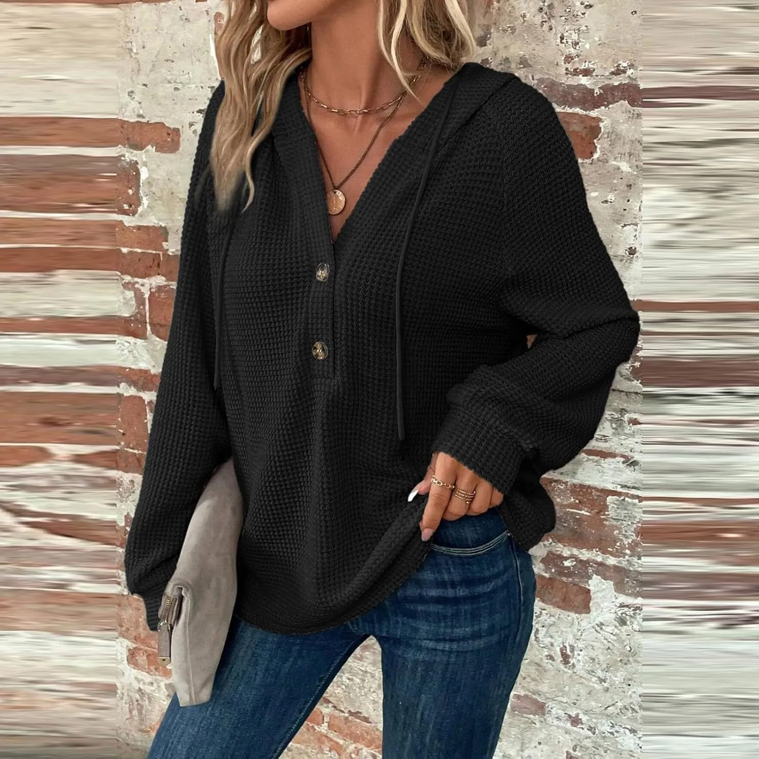 Hoodies for Women Raglan Long Sleeve Waffle Knit Tops V Neck Button Down Shirts Fall Comfy Casual Pullover Sweaters