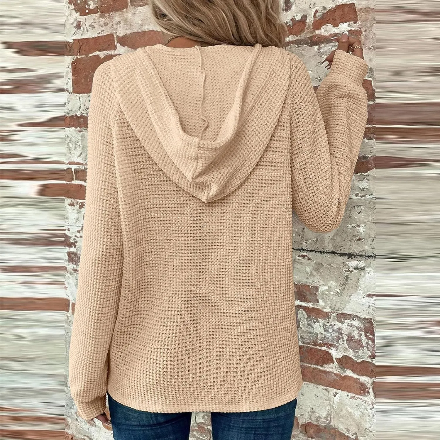 Hoodies for Women Raglan Long Sleeve Waffle Knit Tops V Neck Button Down Shirts Fall Comfy Casual Pullover Sweaters