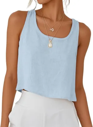 IDEALSANXUN Womens Cotton Linen Crop Tank Tops Spring Summer Sleeveless Tops