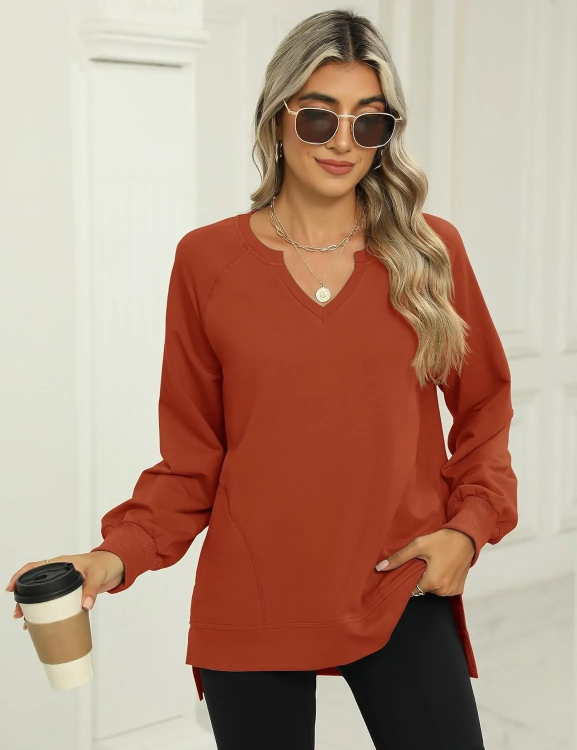 IECCP Womens Sweatshirts Long Sleeve V Neck Pullover Cute Side Slit Tops With Pockets Womens Spring Fashion