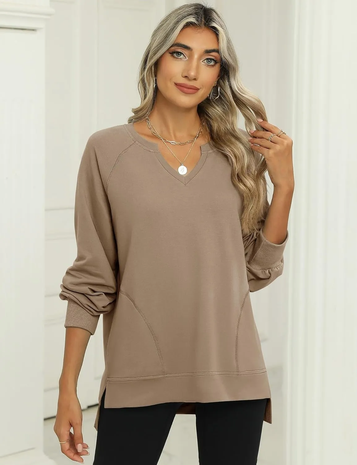 IECCP Womens Sweatshirts Long Sleeve V Neck Pullover Cute Side Slit Tops With Pockets Womens Spring Fashion
