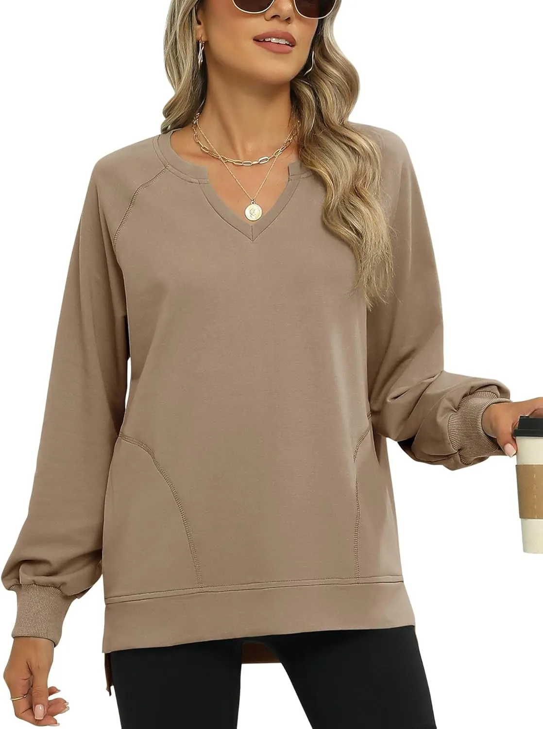 IECCP Womens Sweatshirts Long Sleeve V Neck Pullover Cute Side Slit Tops With Pockets Womens Spring Fashion