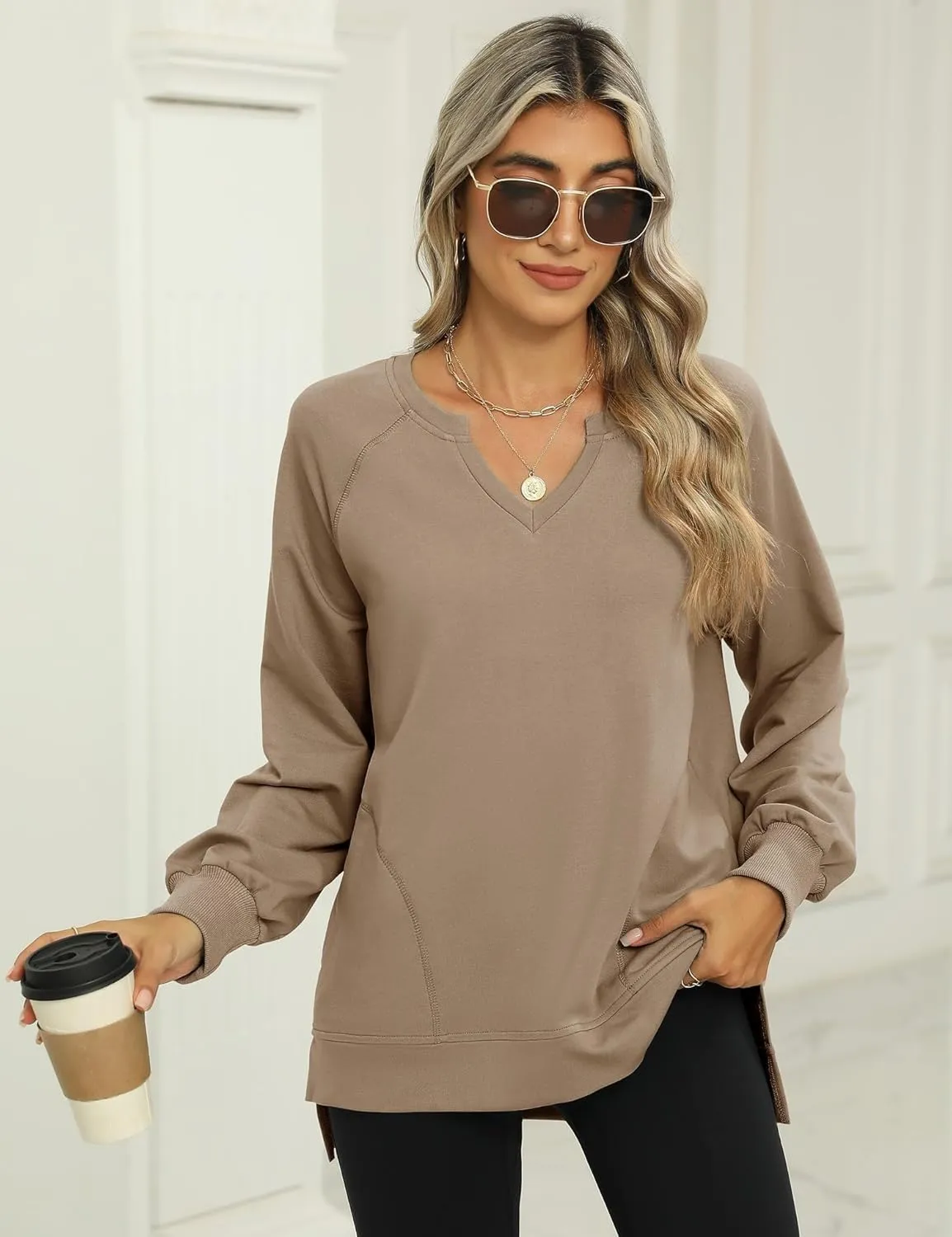 IECCP Womens Sweatshirts Long Sleeve V Neck Pullover Cute Side Slit Tops With Pockets Womens Spring Fashion