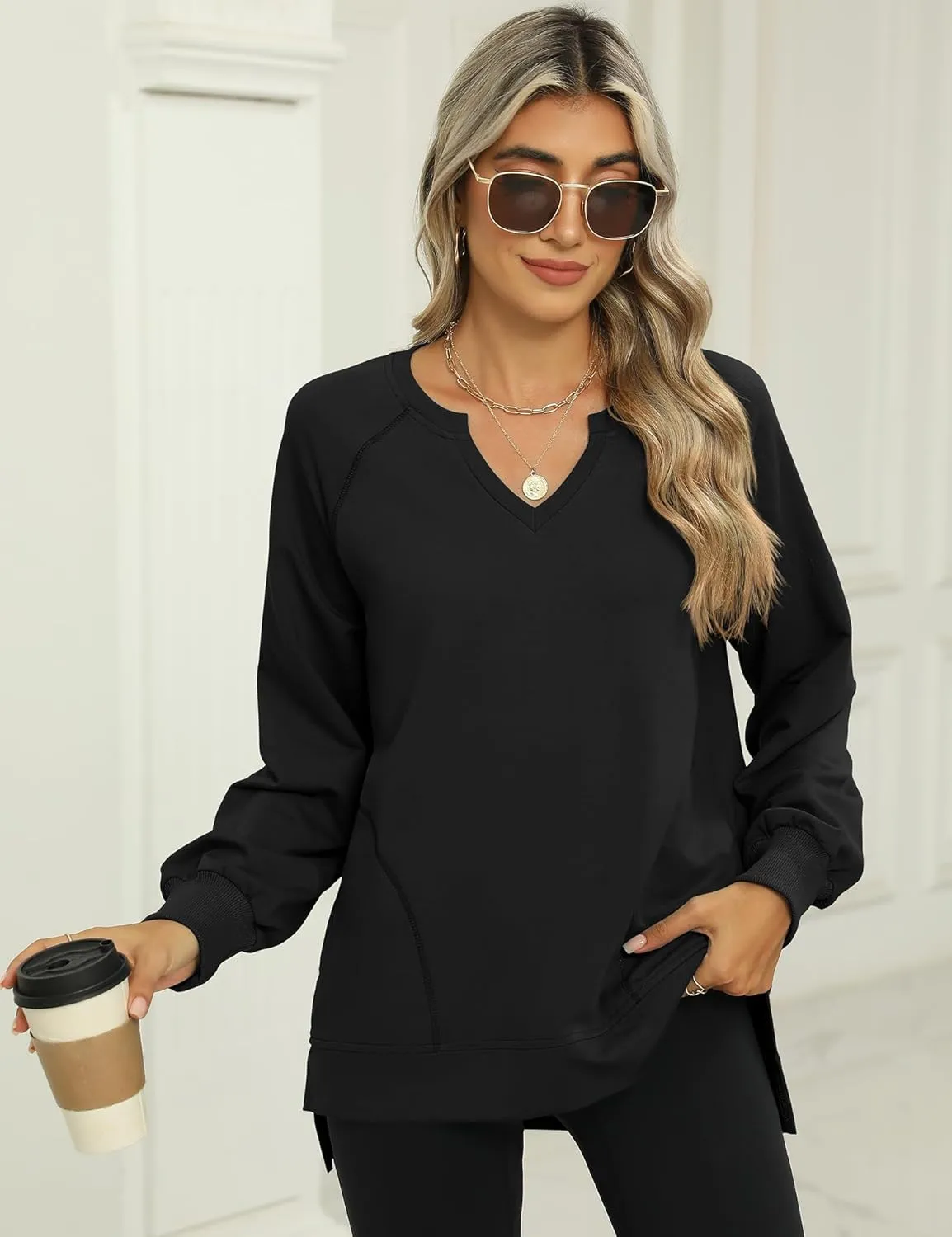 IECCP Womens Sweatshirts Long Sleeve V Neck Pullover Cute Side Slit Tops With Pockets Womens Spring Fashion