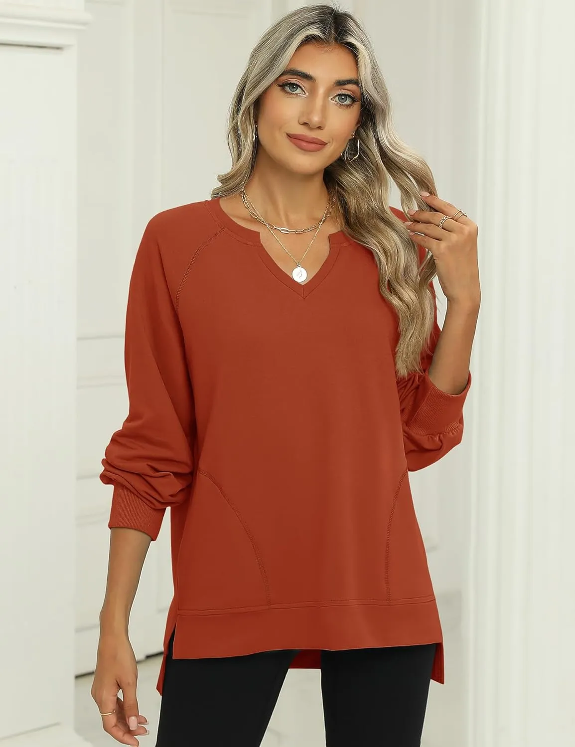 IECCP Womens Sweatshirts Long Sleeve V Neck Pullover Cute Side Slit Tops With Pockets Womens Spring Fashion