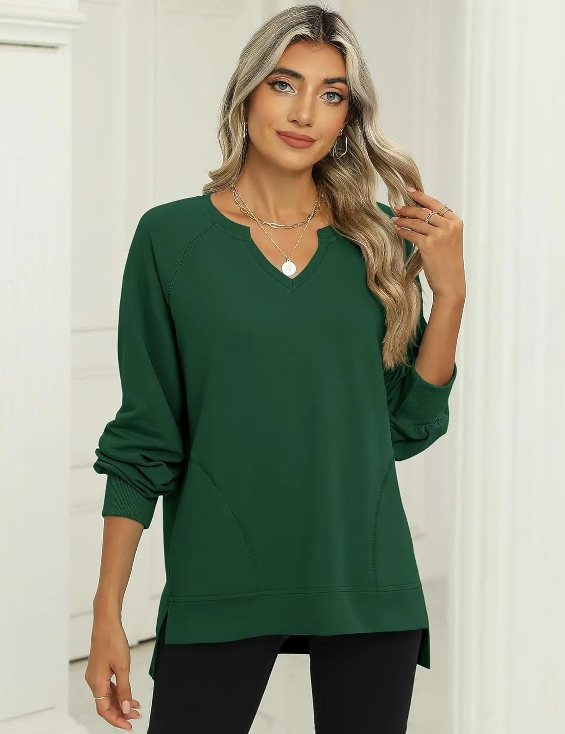 IECCP Womens Sweatshirts Long Sleeve V Neck Pullover Cute Side Slit Tops With Pockets Womens Spring Fashion