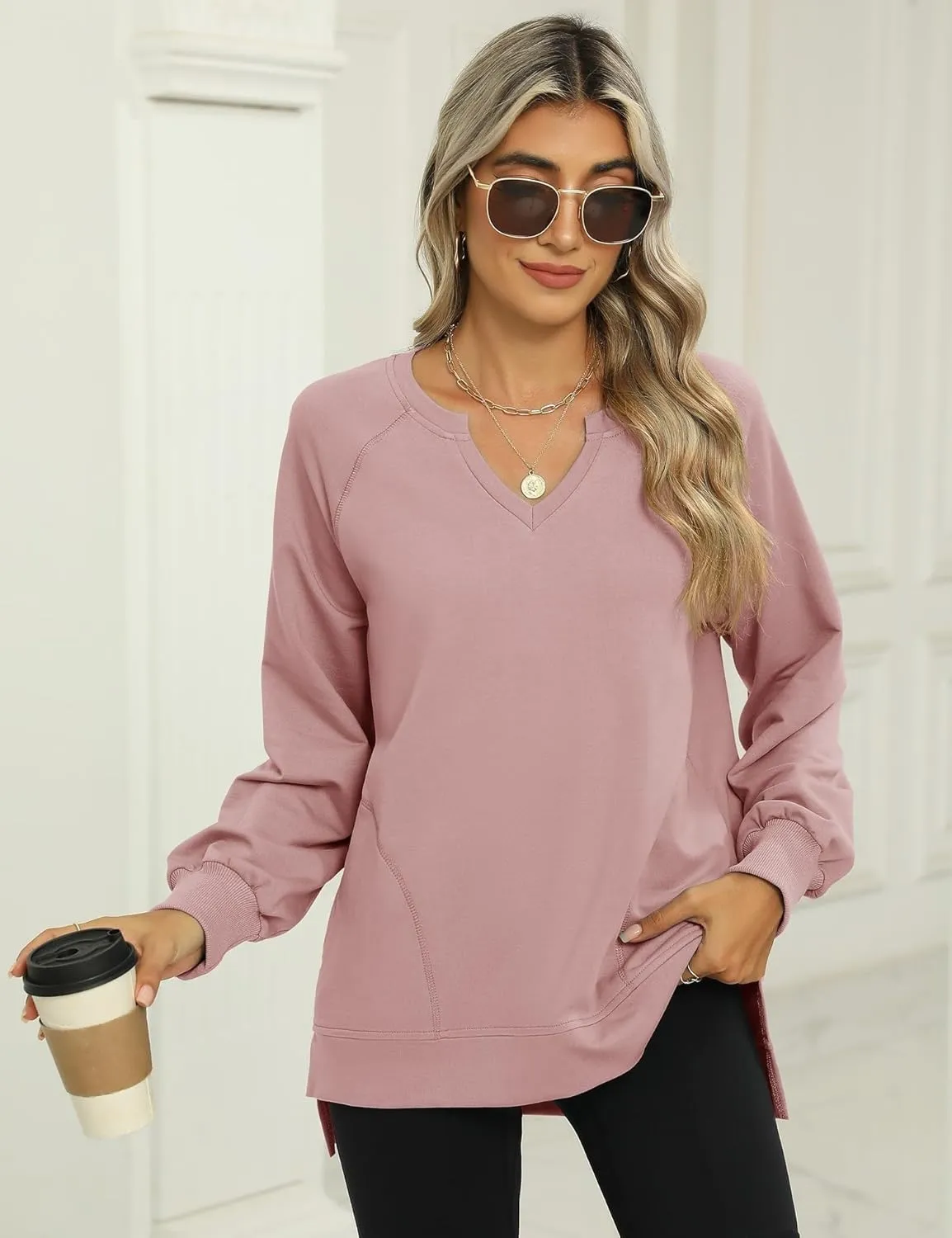 IECCP Womens Sweatshirts Long Sleeve V Neck Pullover Cute Side Slit Tops With Pockets Womens Spring Fashion