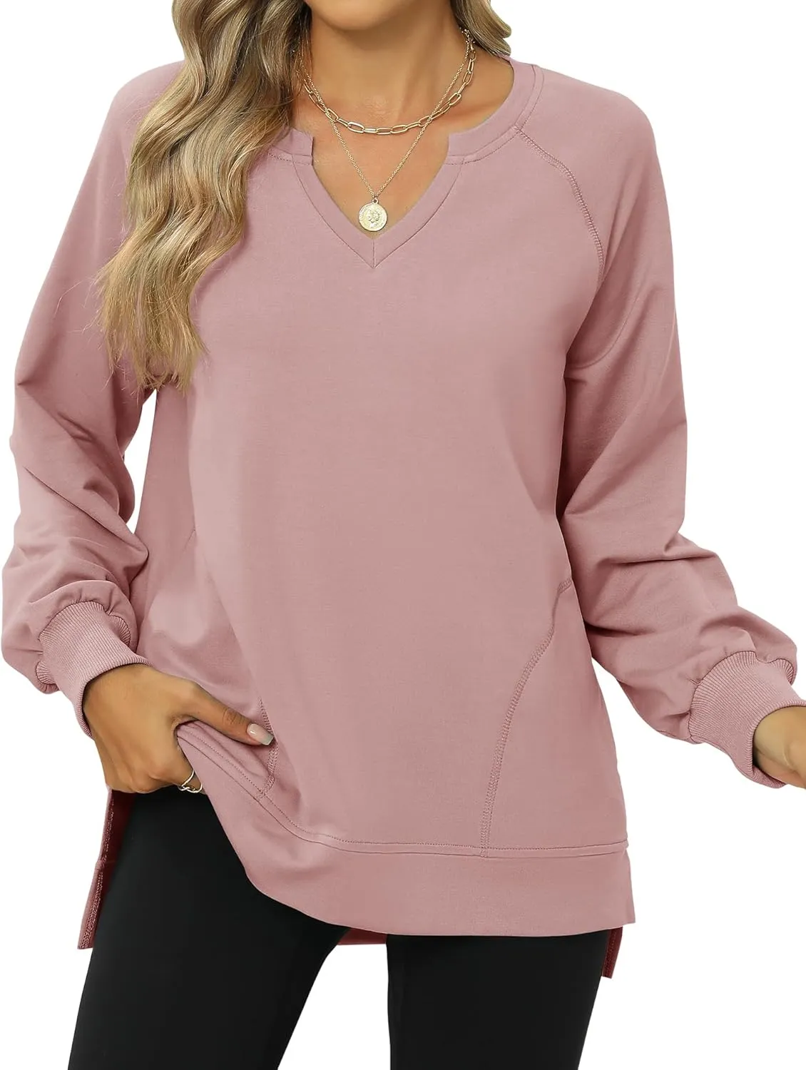 IECCP Womens Sweatshirts Long Sleeve V Neck Pullover Cute Side Slit Tops With Pockets Womens Spring Fashion