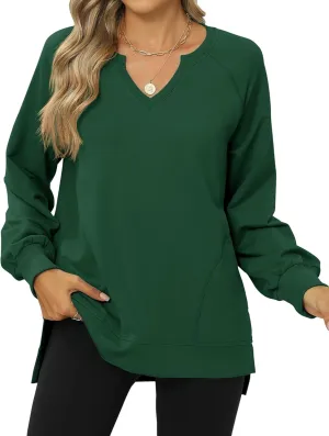 IECCP Womens Sweatshirts Long Sleeve V Neck Pullover Cute Side Slit Tops With Pockets Womens Spring Fashion