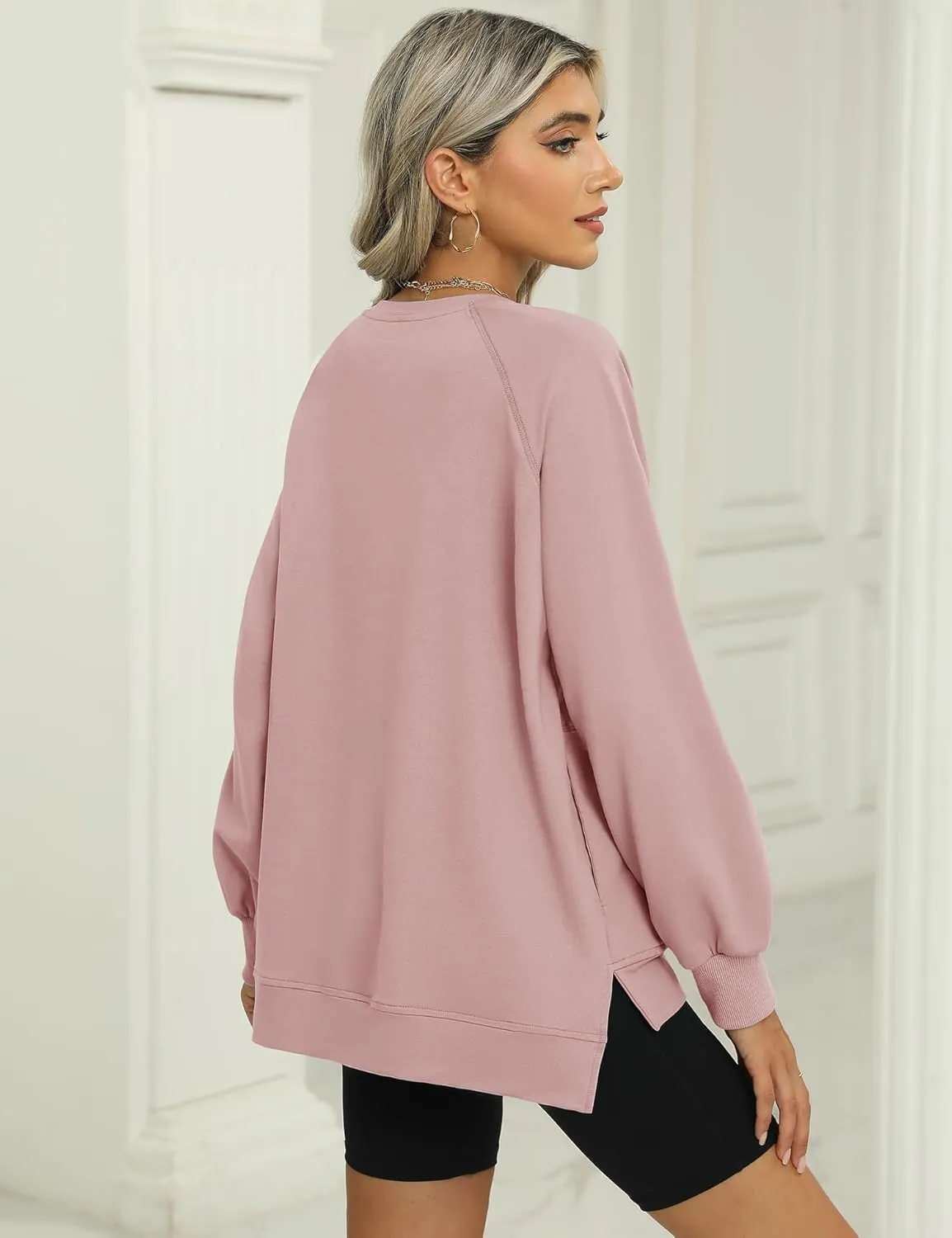 IECCP Womens Sweatshirts Long Sleeve V Neck Pullover Cute Side Slit Tops With Pockets Womens Spring Fashion