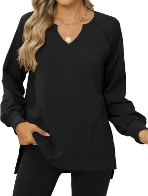 IECCP Womens Sweatshirts Long Sleeve V Neck Pullover Cute Side Slit Tops With Pockets Womens Spring Fashion