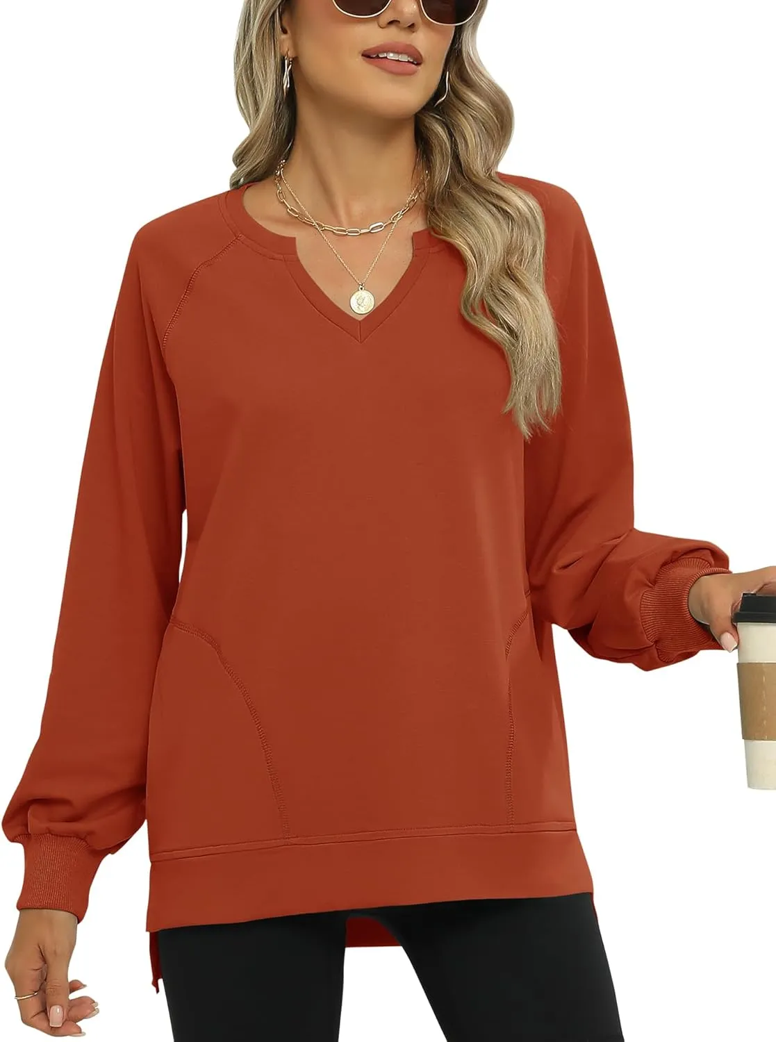 IECCP Womens Sweatshirts Long Sleeve V Neck Pullover Cute Side Slit Tops With Pockets Womens Spring Fashion