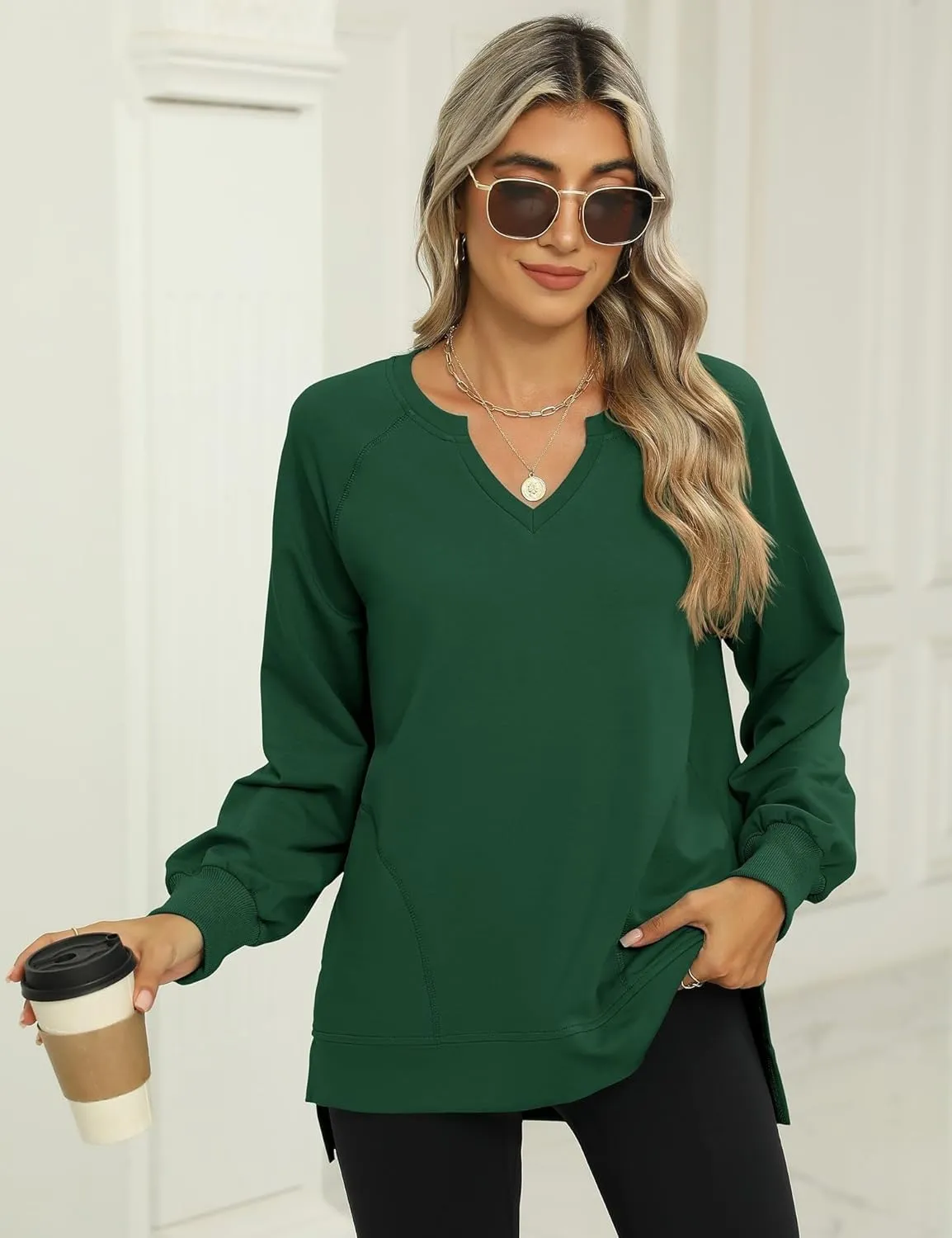IECCP Womens Sweatshirts Long Sleeve V Neck Pullover Cute Side Slit Tops With Pockets Womens Spring Fashion