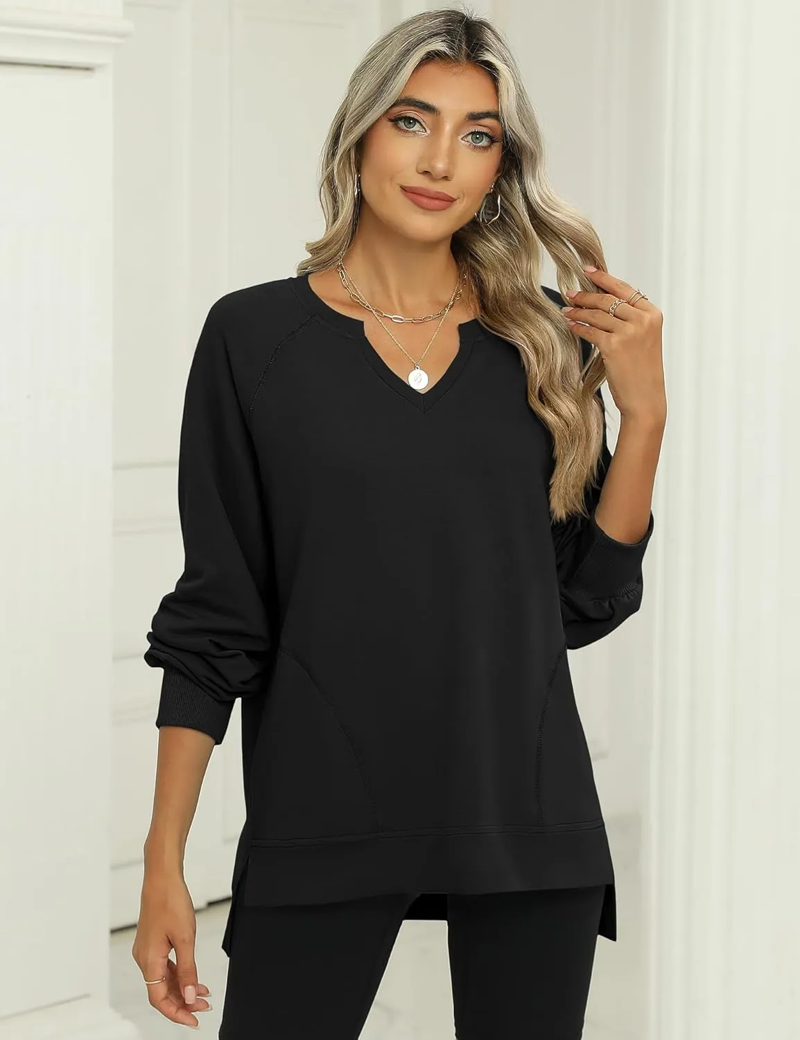 IECCP Womens Sweatshirts Long Sleeve V Neck Pullover Cute Side Slit Tops With Pockets Womens Spring Fashion
