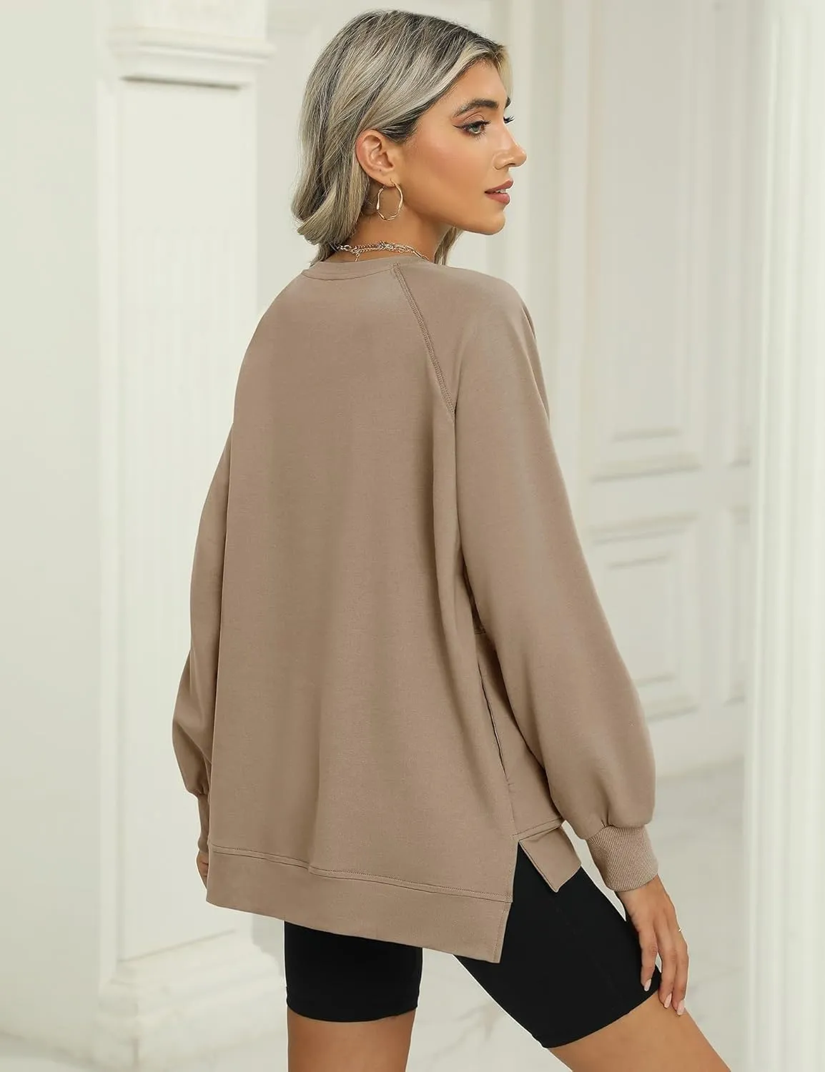 IECCP Womens Sweatshirts Long Sleeve V Neck Pullover Cute Side Slit Tops With Pockets Womens Spring Fashion