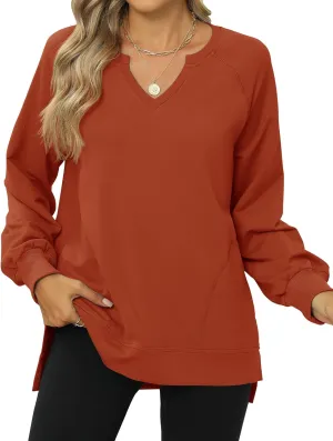 IECCP Womens Sweatshirts Long Sleeve V Neck Pullover Cute Side Slit Tops With Pockets Womens Spring Fashion