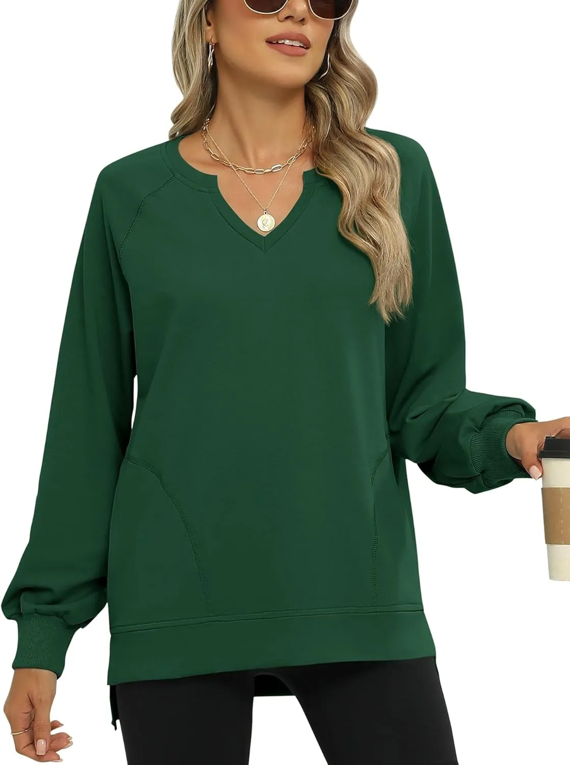 IECCP Womens Sweatshirts Long Sleeve V Neck Pullover Cute Side Slit Tops With Pockets Womens Spring Fashion