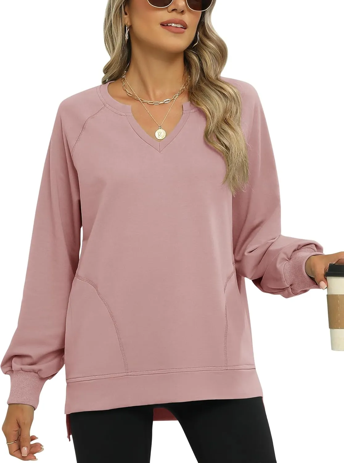 IECCP Womens Sweatshirts Long Sleeve V Neck Pullover Cute Side Slit Tops With Pockets Womens Spring Fashion