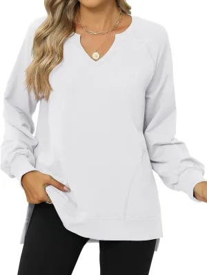 IECCP Womens Sweatshirts Long Sleeve V Neck Pullover Cute Side Slit Tops With Pockets Womens Spring Fashion