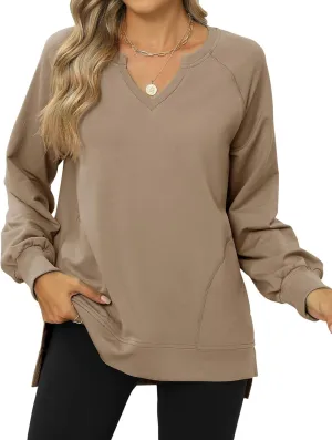 IECCP Womens Sweatshirts Long Sleeve V Neck Pullover Cute Side Slit Tops With Pockets Womens Spring Fashion