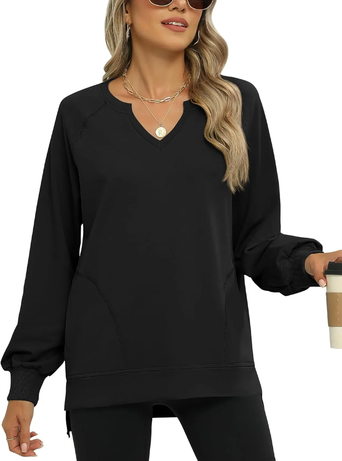 IECCP Womens Sweatshirts Long Sleeve V Neck Pullover Cute Side Slit Tops With Pockets Womens Spring Fashion