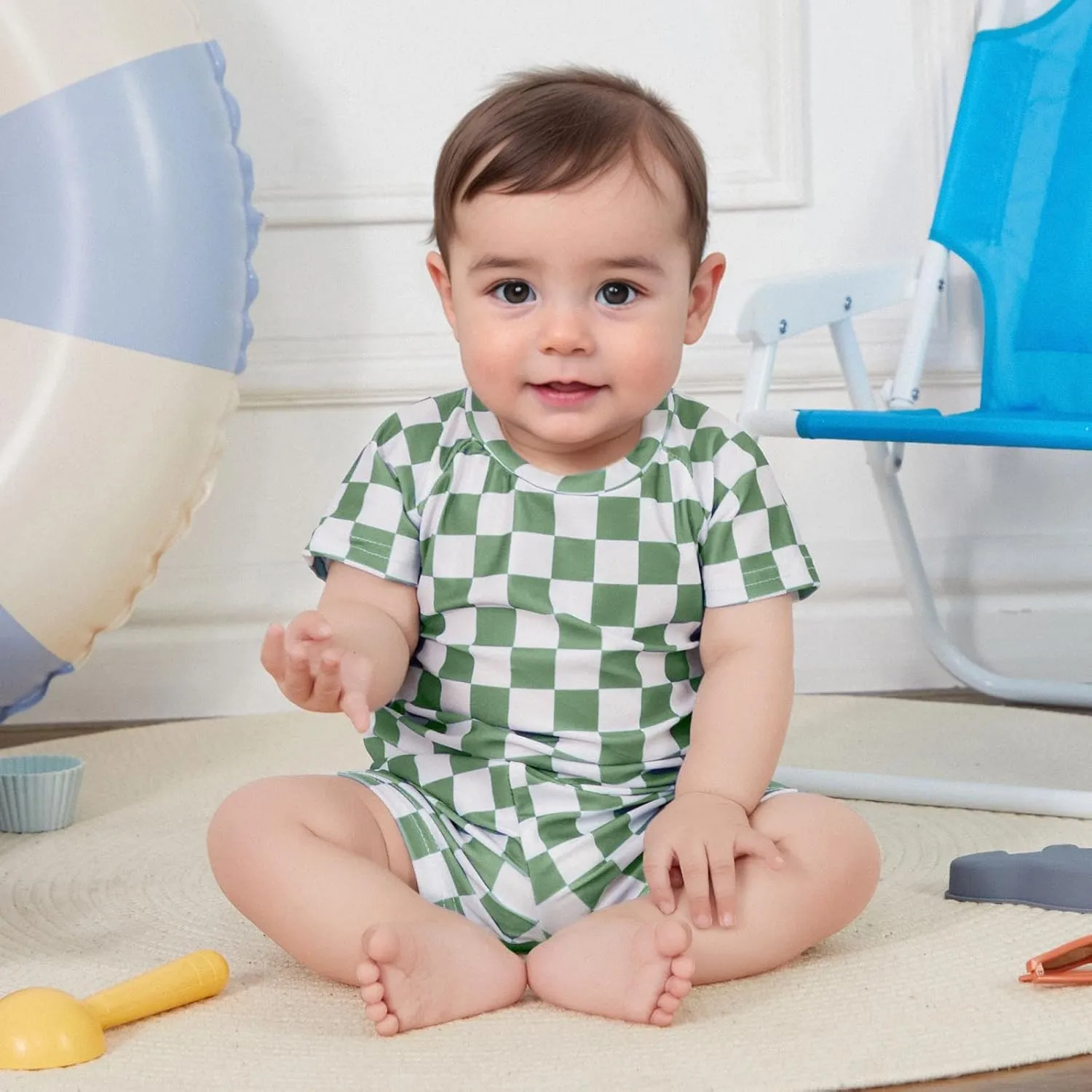 Infant Baby Boy One Piece Swimwear Short Sleeve Zipper Jumpsuit Checkerboard Print Swimsuit Sun Protection Suits