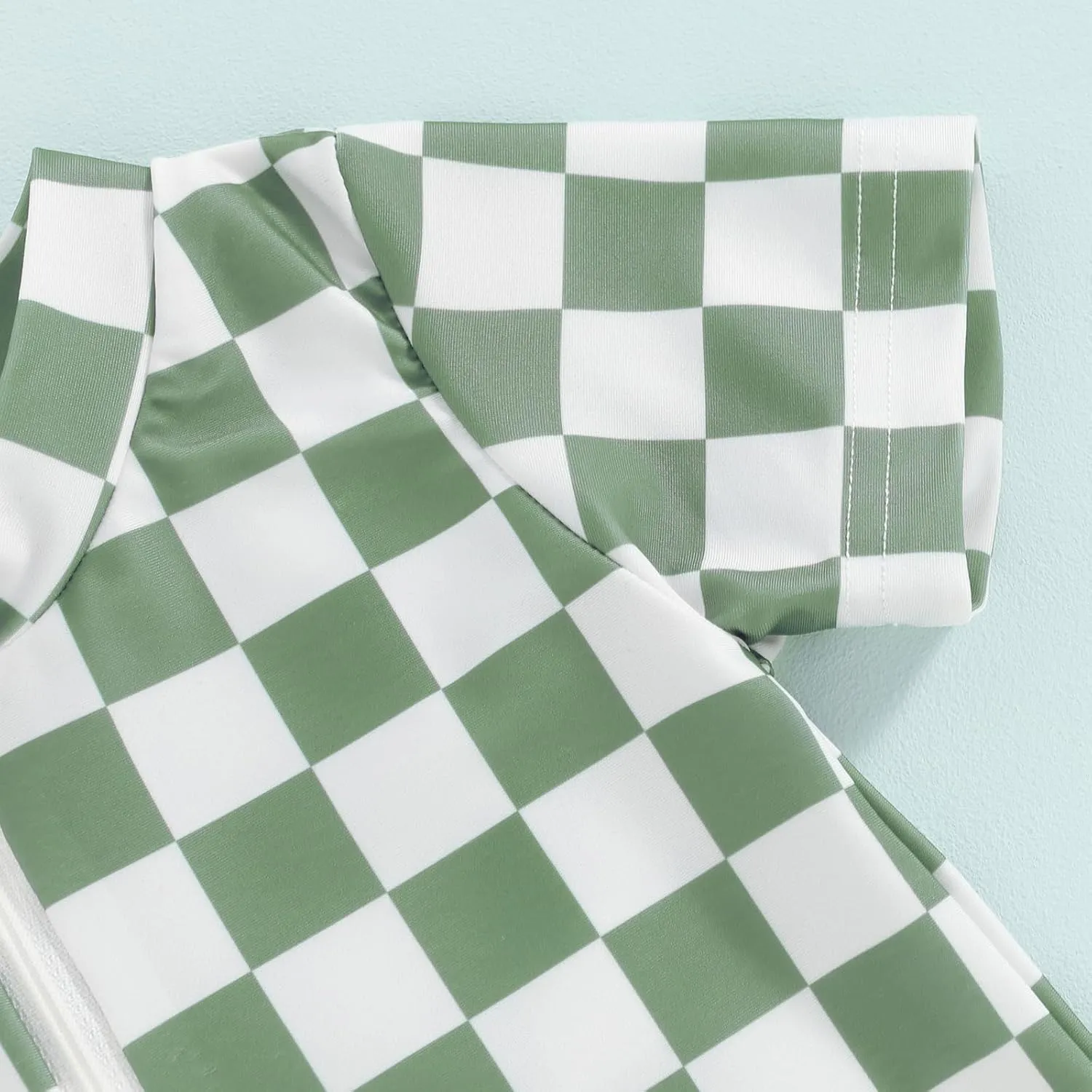 Infant Baby Boy One Piece Swimwear Short Sleeve Zipper Jumpsuit Checkerboard Print Swimsuit Sun Protection Suits