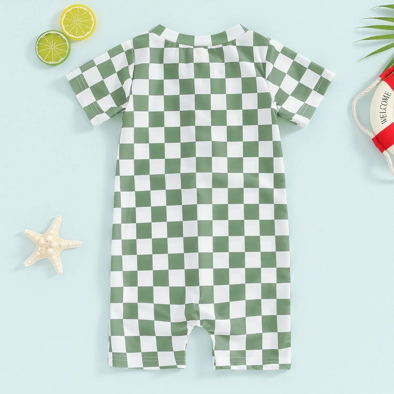 Infant Baby Boy One Piece Swimwear Short Sleeve Zipper Jumpsuit Checkerboard Print Swimsuit Sun Protection Suits