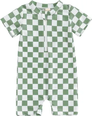 Infant Baby Boy One Piece Swimwear Short Sleeve Zipper Jumpsuit Checkerboard Print Swimsuit Sun Protection Suits