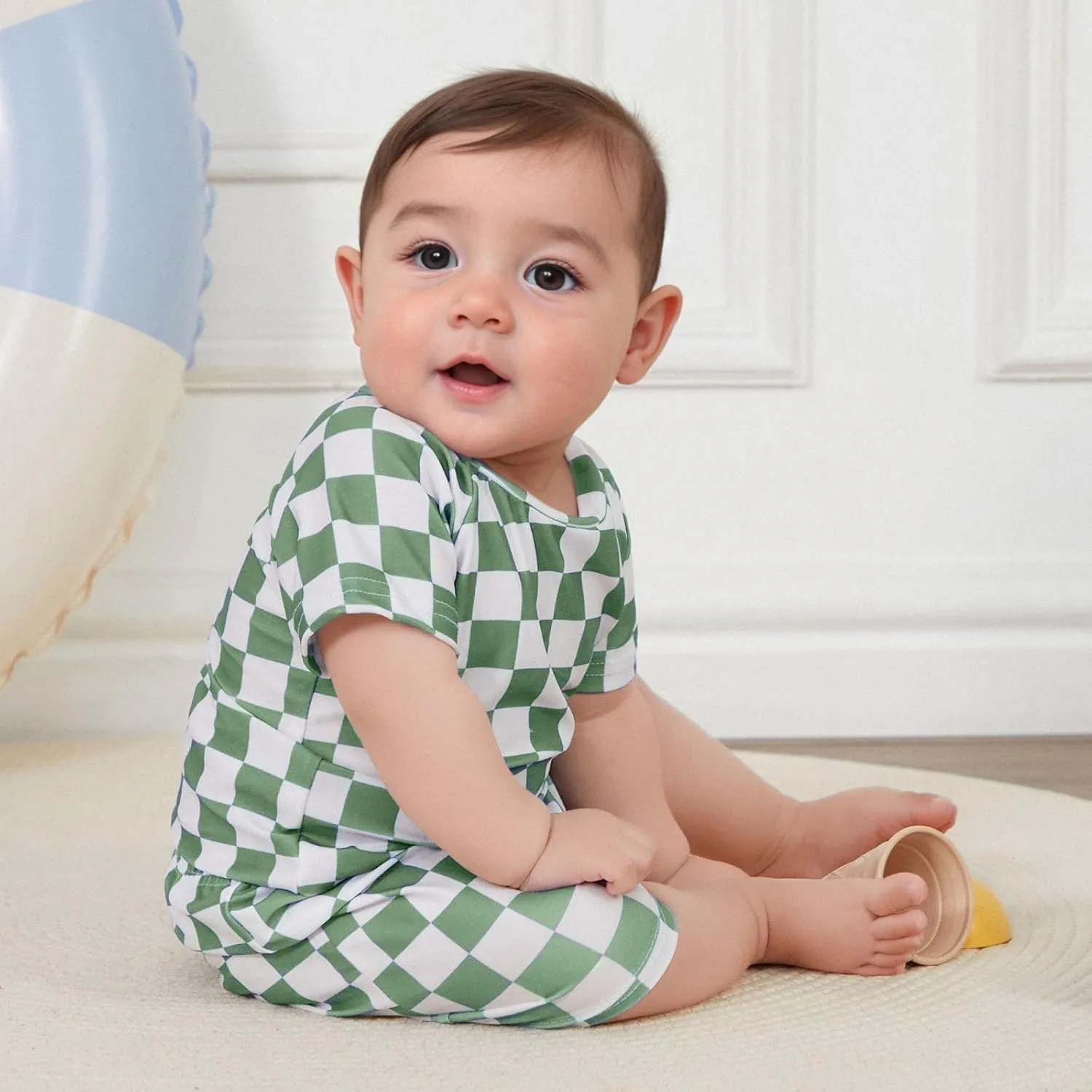 Infant Baby Boy One Piece Swimwear Short Sleeve Zipper Jumpsuit Checkerboard Print Swimsuit Sun Protection Suits