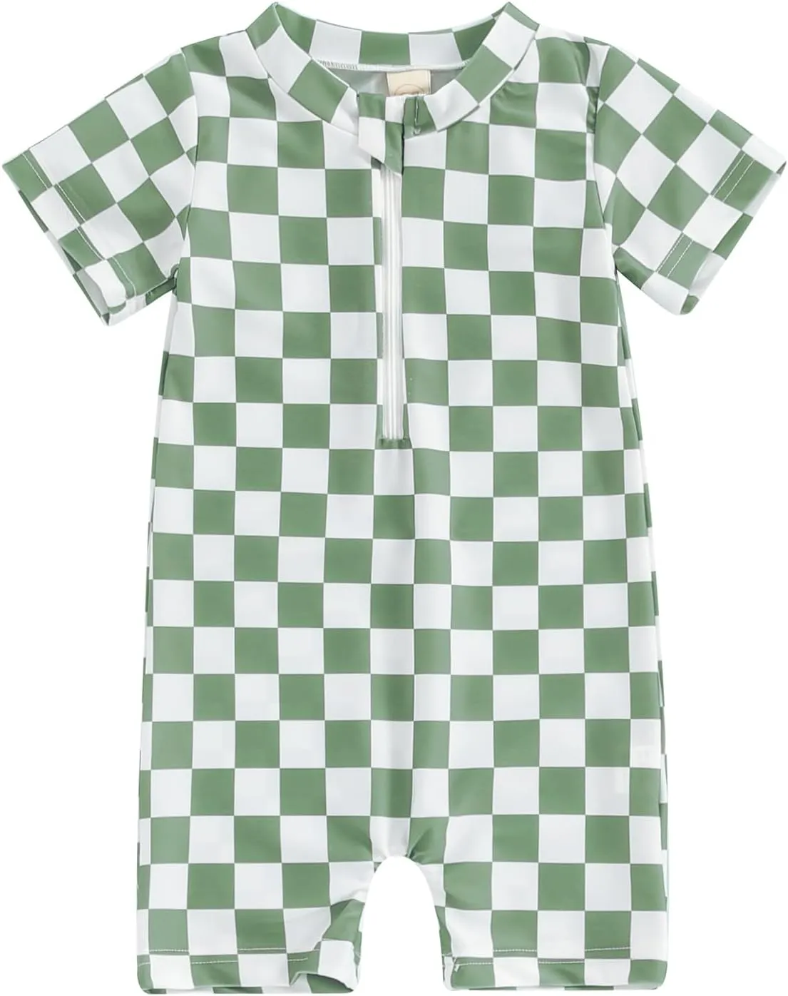 Infant Baby Boy One Piece Swimwear Short Sleeve Zipper Jumpsuit Checkerboard Print Swimsuit Sun Protection Suits