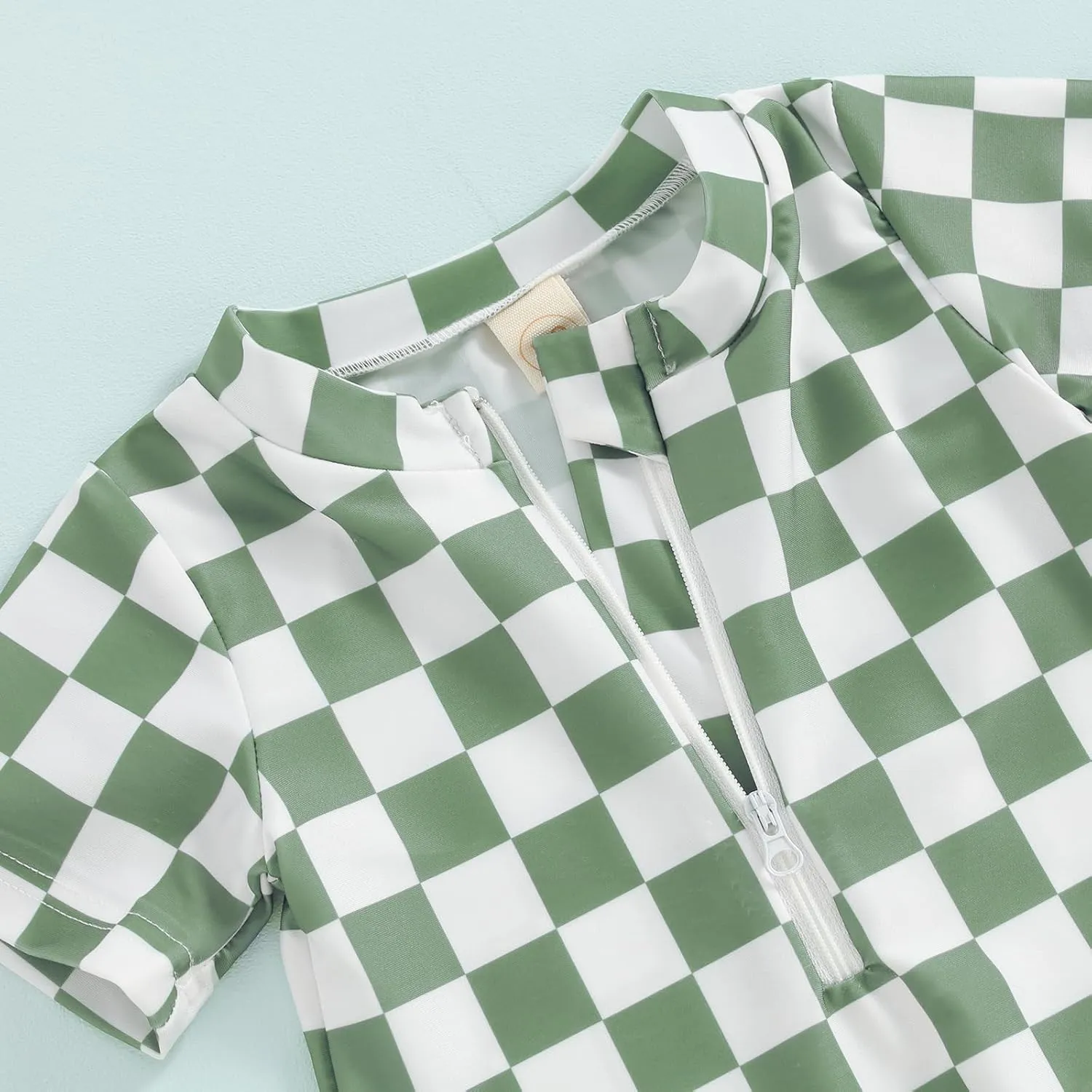 Infant Baby Boy One Piece Swimwear Short Sleeve Zipper Jumpsuit Checkerboard Print Swimsuit Sun Protection Suits