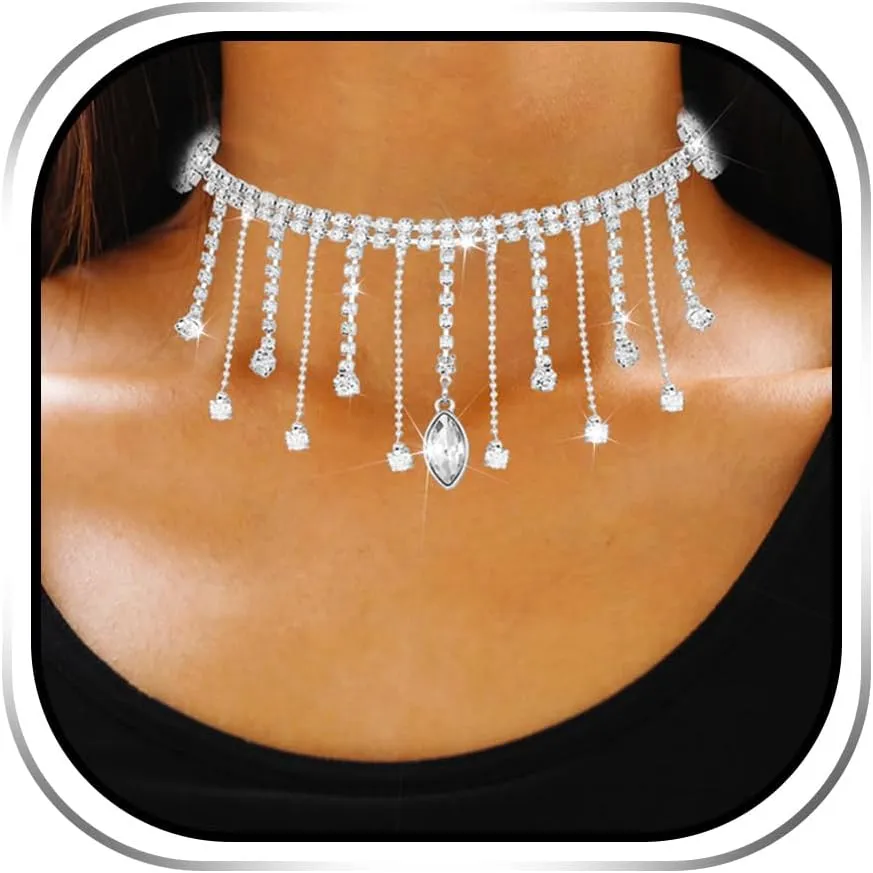 JAKAWIN Rhinestone Choker Necklace Silver Sparkly Tassel Pendant Necklaces Jewelry for Women