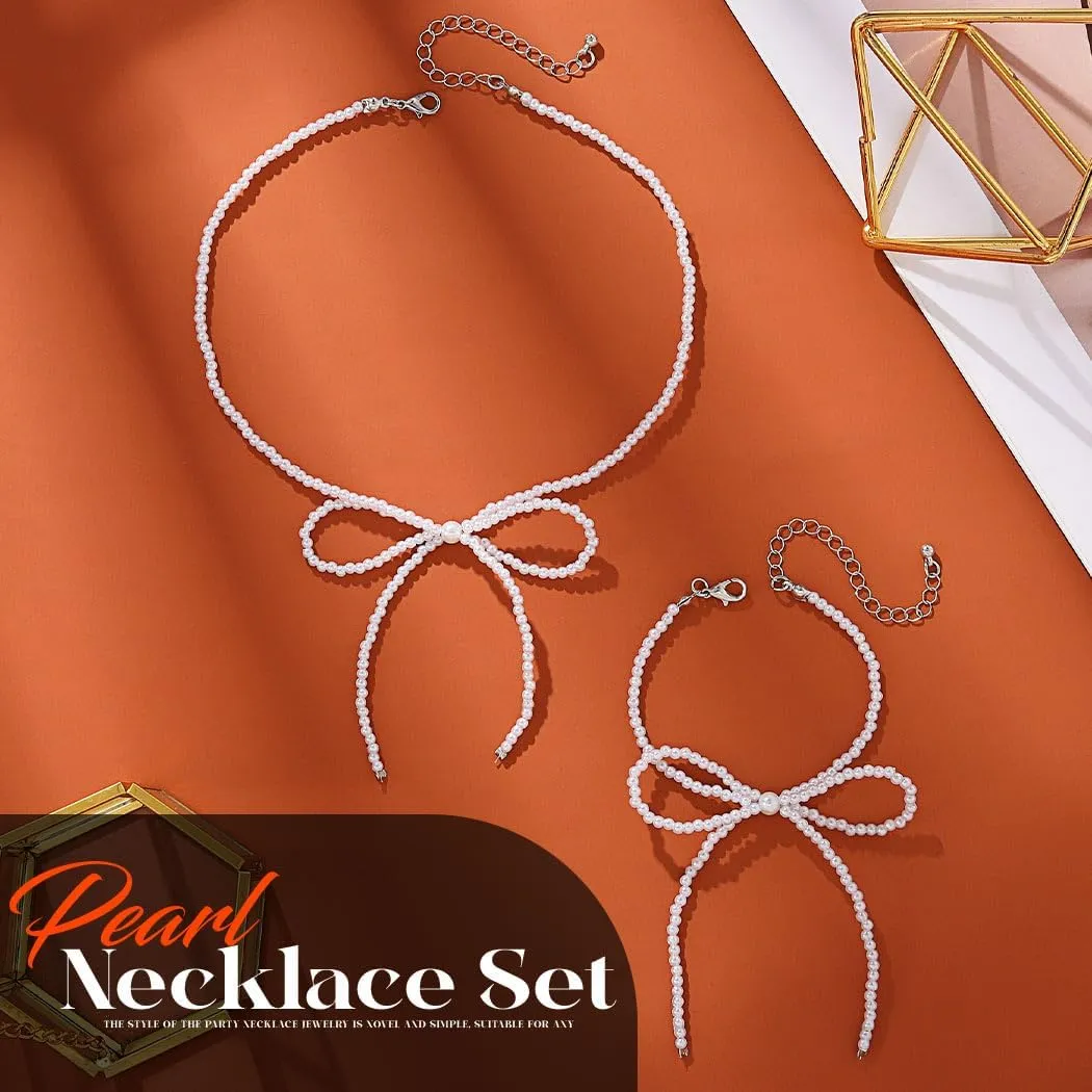 JEAIRTS Pearl Bow-Knot Choker Necklace Beaded Bow Tie Short Necklaces Chain Jewelry for Women