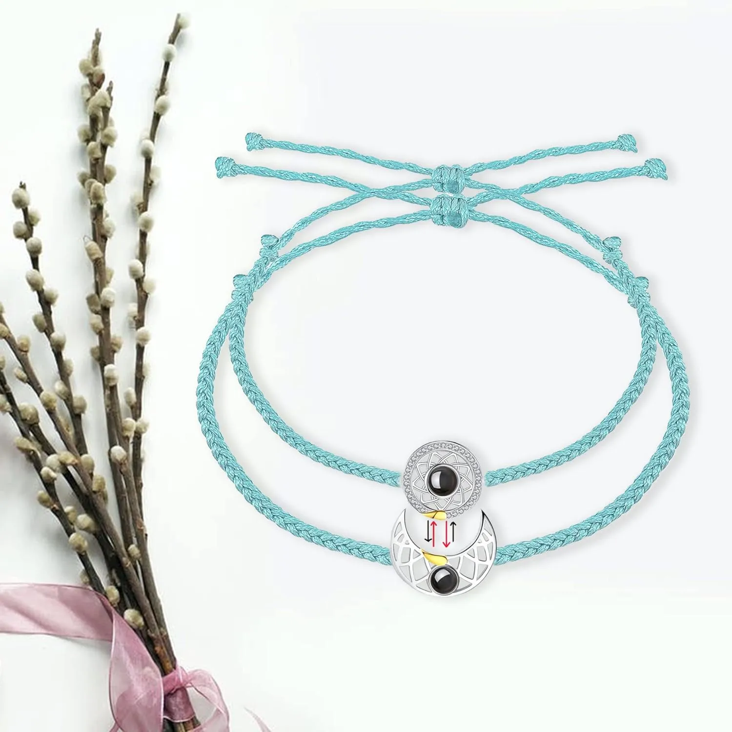 JINLIN Custom Photo Projection Bracelets, Personalised Couples Lovers Moon and Sun Charm Bracelets Adjustable Woven String Matching Couple Bracelets Friendship Bracelets