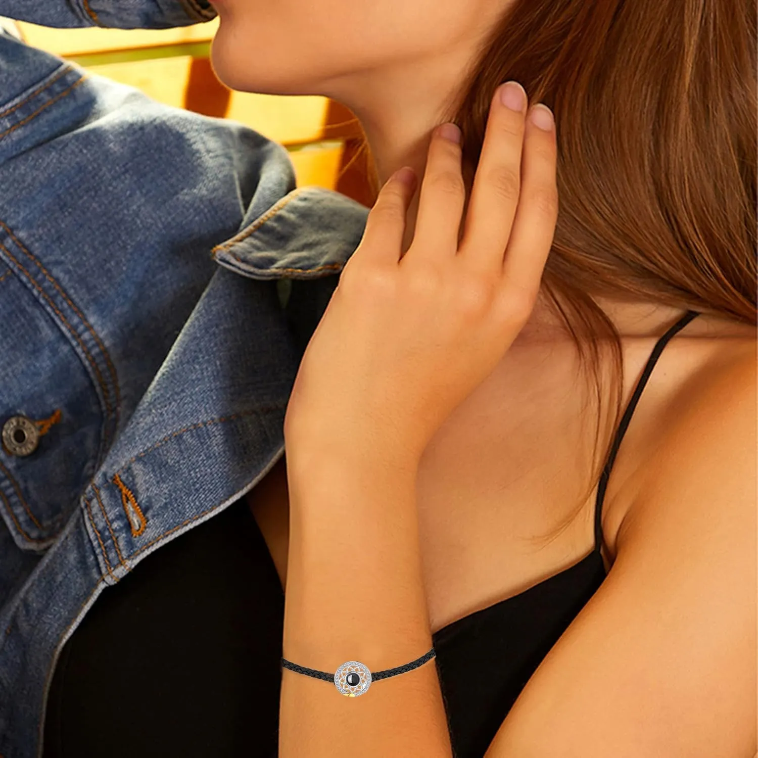 JINLIN Custom Photo Projection Bracelets, Personalised Couples Lovers Moon and Sun Charm Bracelets Adjustable Woven String Matching Couple Bracelets Friendship Bracelets
