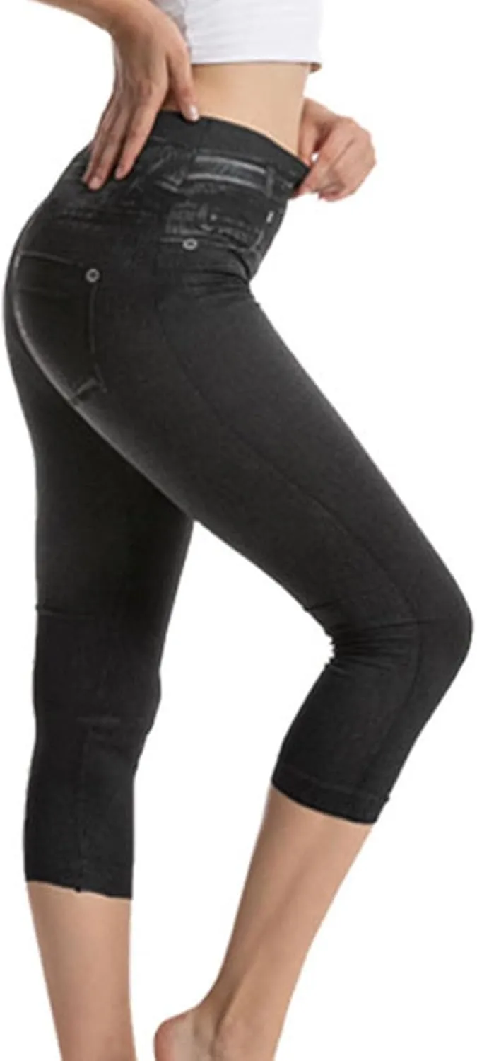 jsaierl Women's Denim Leggings Fashion Workout Sport Yoga Capris Running Athletic High Waisted Pull On Skinny Stretchy Jeans