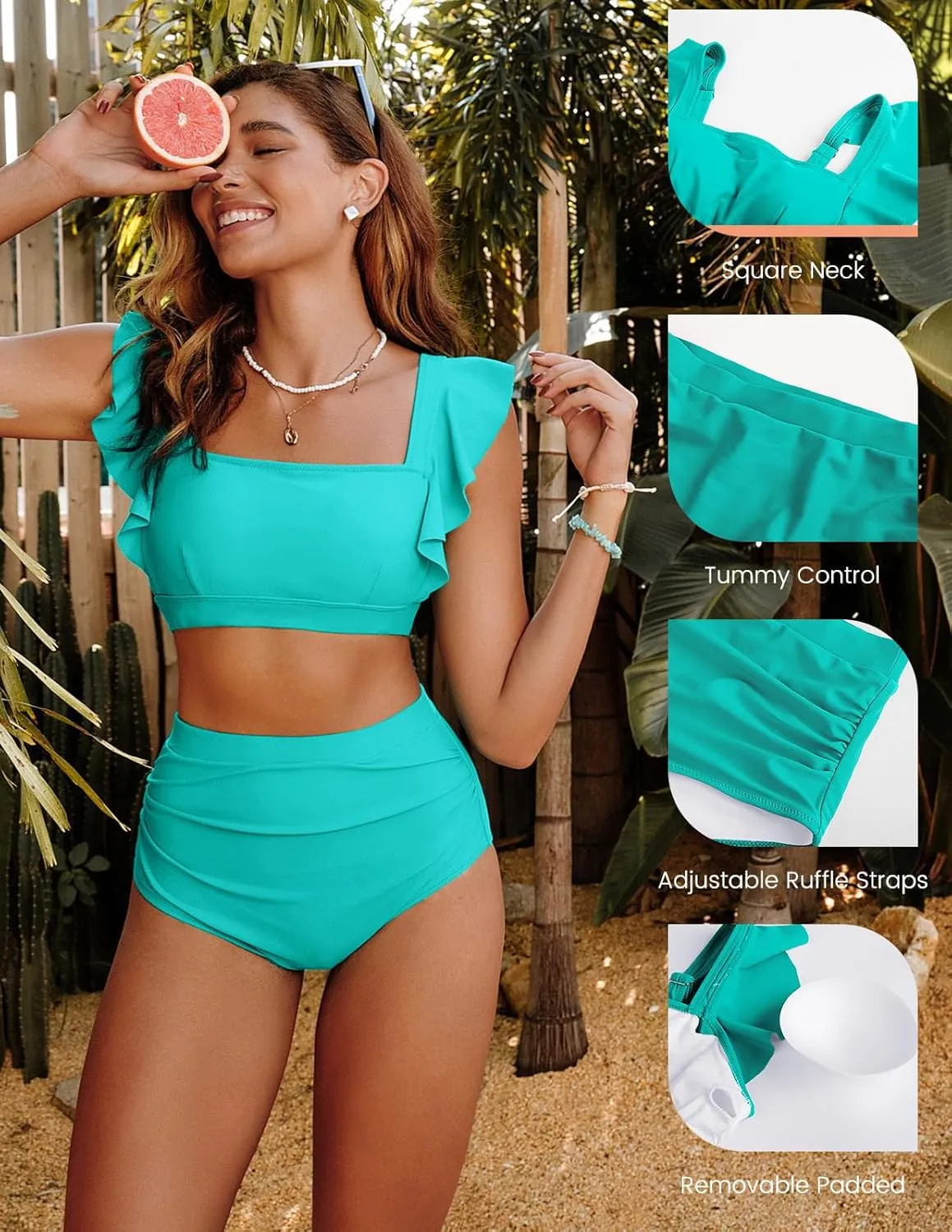 Kate Kasin Womens High Waisted Bikini Sets Ruffle Tummy Control Swimsuits Full Coverage Cheeky Two Piece Bathing Suit