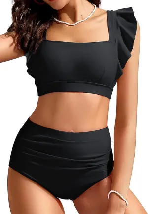 Kate Kasin Womens High Waisted Bikini Sets Ruffle Tummy Control Swimsuits Full Coverage Cheeky Two Piece Bathing Suit