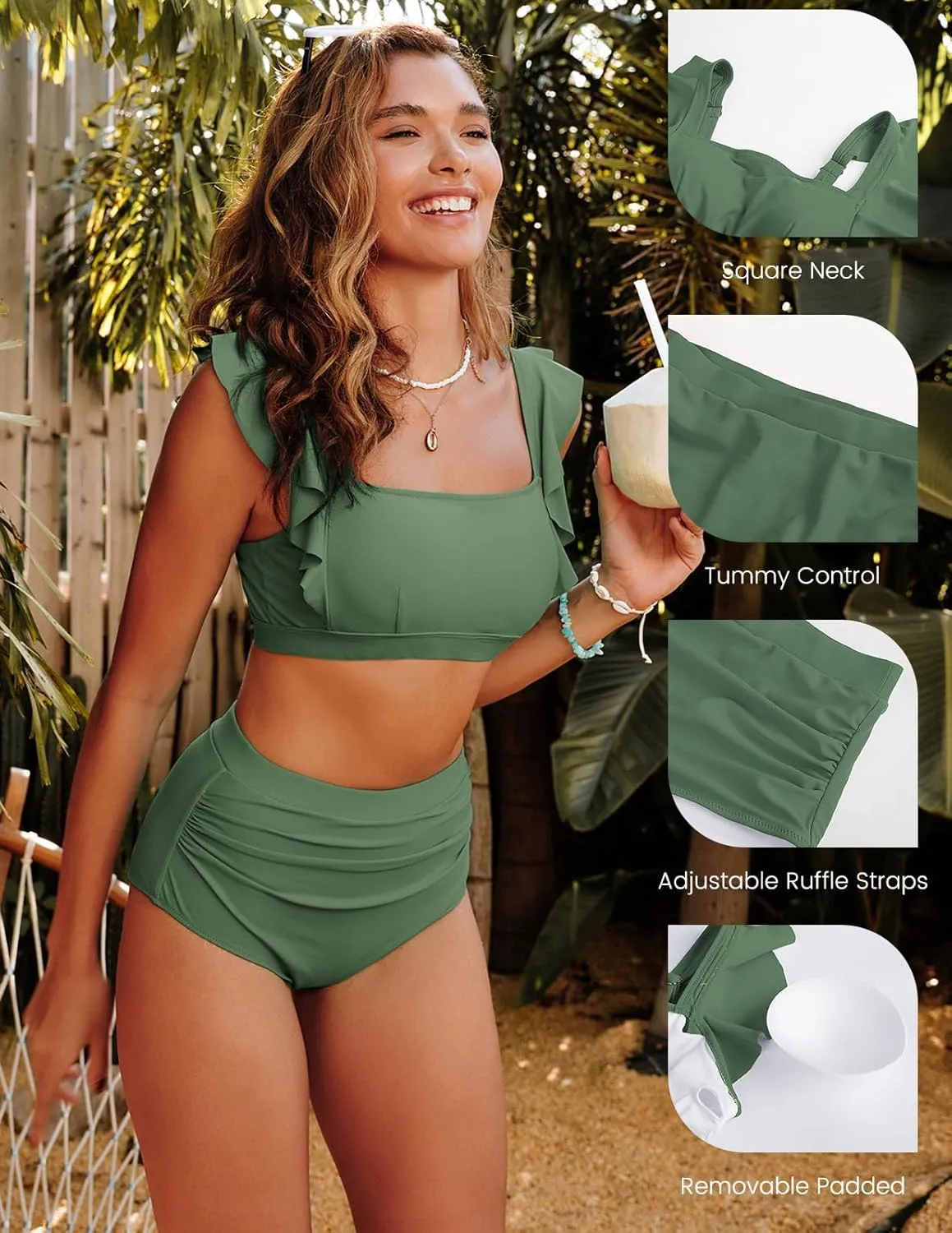 Kate Kasin Womens High Waisted Bikini Sets Ruffle Tummy Control Swimsuits Full Coverage Cheeky Two Piece Bathing Suit
