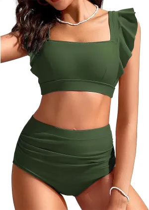 Kate Kasin Womens High Waisted Bikini Sets Ruffle Tummy Control Swimsuits Full Coverage Cheeky Two Piece Bathing Suit