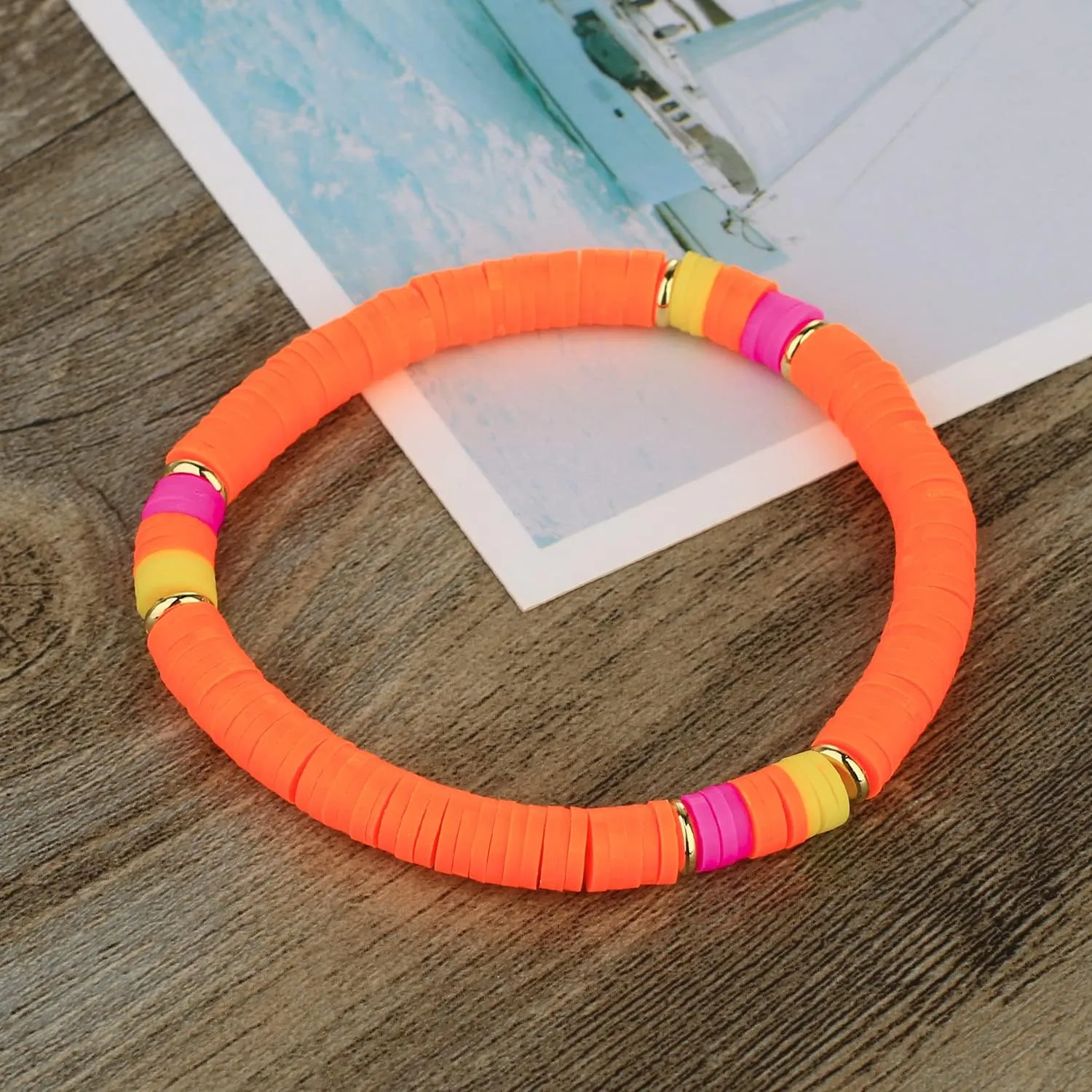 KELITCH Women Fashion Stretch Bracelets Colorful Heishi Beads Mixed Gold Disc Bracelets Handmade Friendship Bracelets