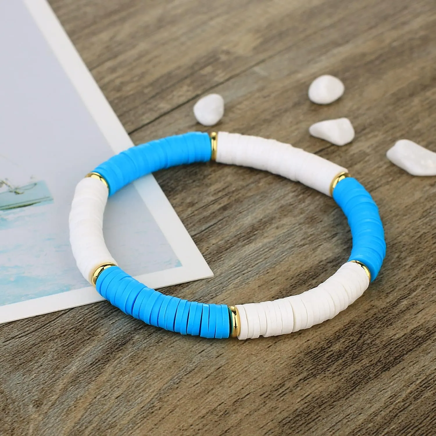 KELITCH Women Fashion Stretch Bracelets Colorful Heishi Beads Mixed Gold Disc Bracelets Handmade Friendship Bracelets