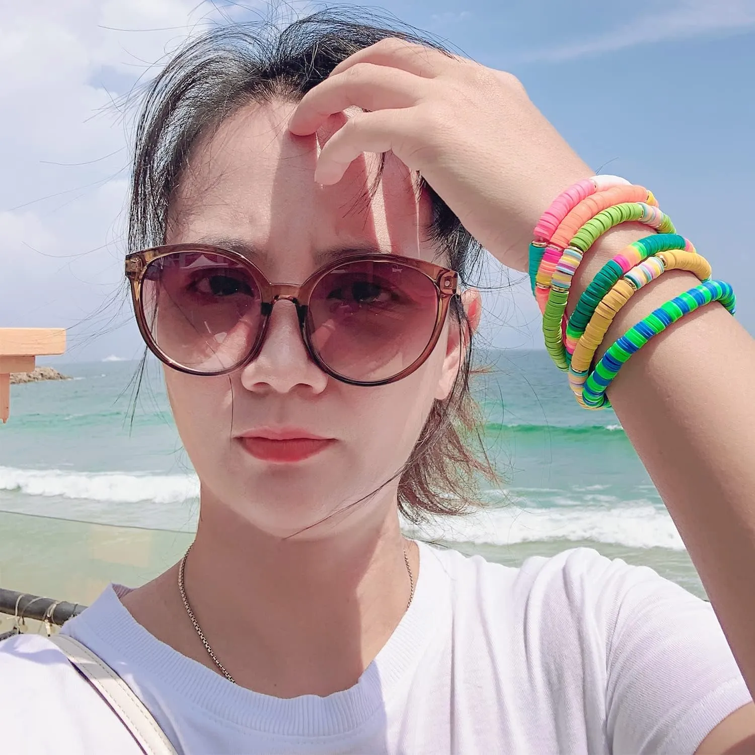 KELITCH Women Fashion Stretch Bracelets Colorful Heishi Beads Mixed Gold Disc Bracelets Handmade Friendship Bracelets