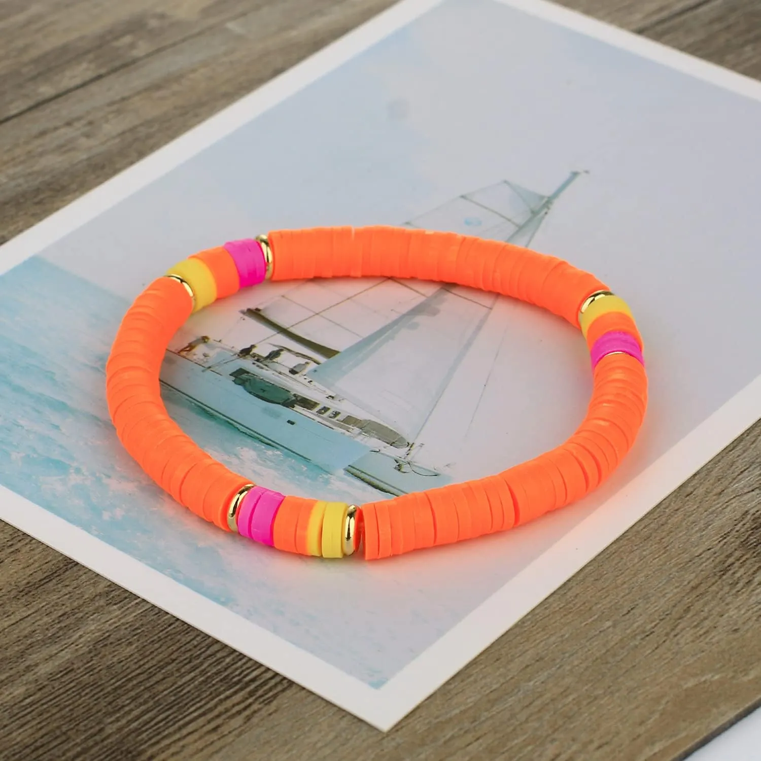 KELITCH Women Fashion Stretch Bracelets Colorful Heishi Beads Mixed Gold Disc Bracelets Handmade Friendship Bracelets