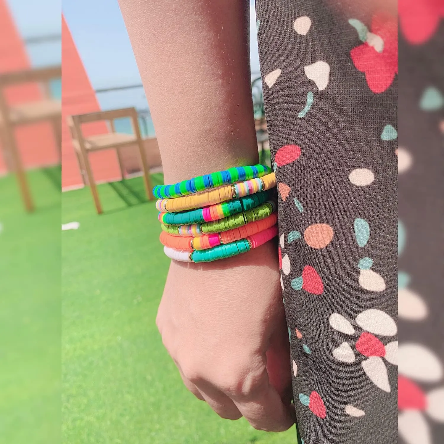 KELITCH Women Fashion Stretch Bracelets Colorful Heishi Beads Mixed Gold Disc Bracelets Handmade Friendship Bracelets