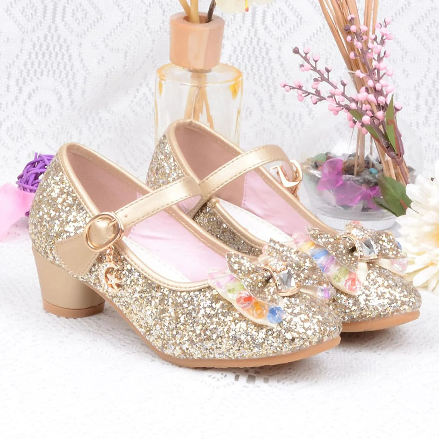 Kids Bowknot Girls Sandals Shoes Single Crystal Princess Bling Pearl Infant Baby Baby Shoes First Walking Shoes for Baby Girls (Gold, 5-5.5 Years Little Kids)