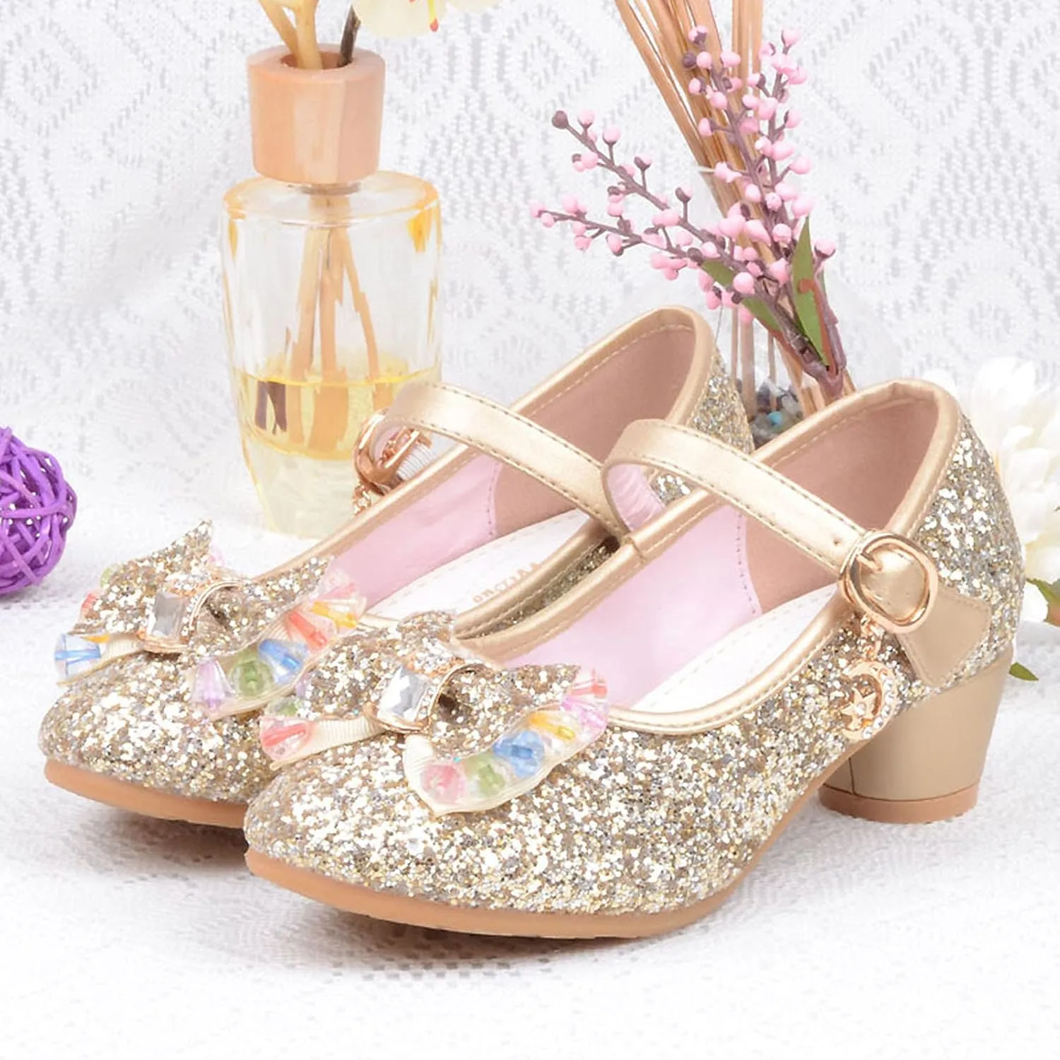 Kids Bowknot Girls Sandals Shoes Single Crystal Princess Bling Pearl Infant Baby Baby Shoes First Walking Shoes for Baby Girls (Gold, 5-5.5 Years Little Kids)